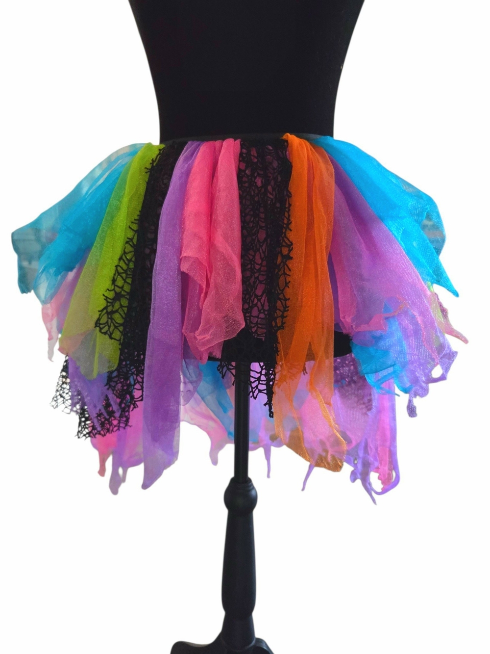 Multicolor Neon Tutu Mini Skirt With Black Mesh Lace Halloween Costume